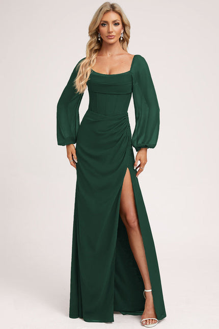 Robe Longue Verte Satinée Fendue - gallery 3