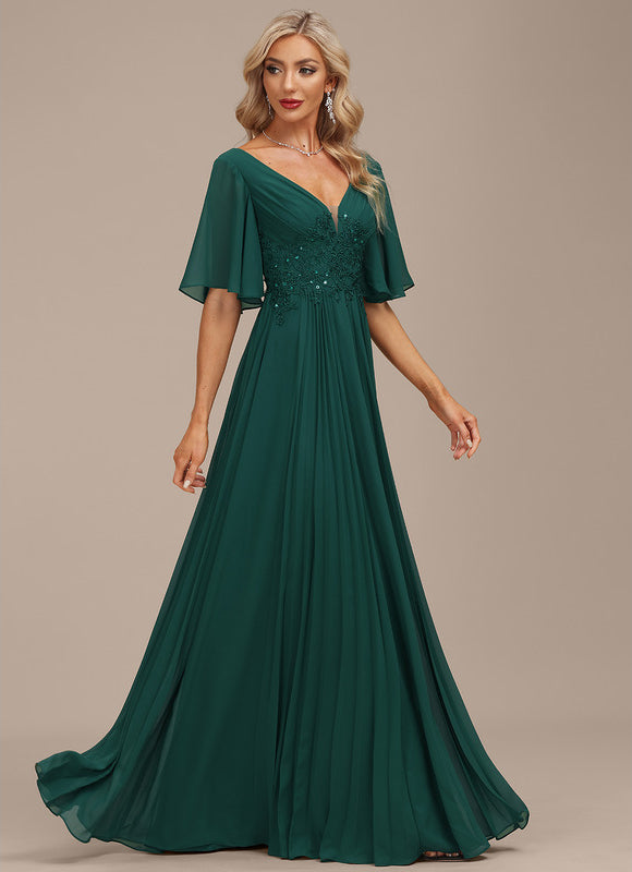 Robe Longue Verte À Manches Volantes - gallery 3