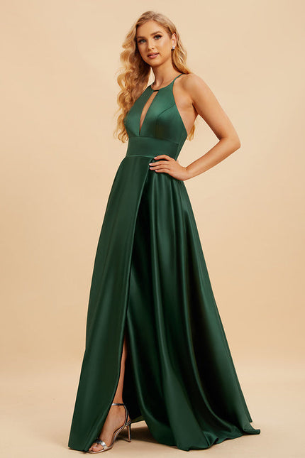 Robe Satinée Émeraude Fendue Élégante - gallery 3