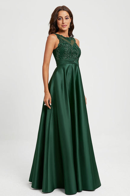 Robe Longue Verte Satinée À Broderies - gallery 2