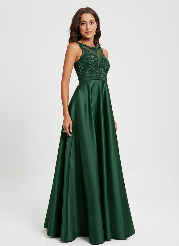 Robe Longue Verte Satinée À Broderies - gallery 2