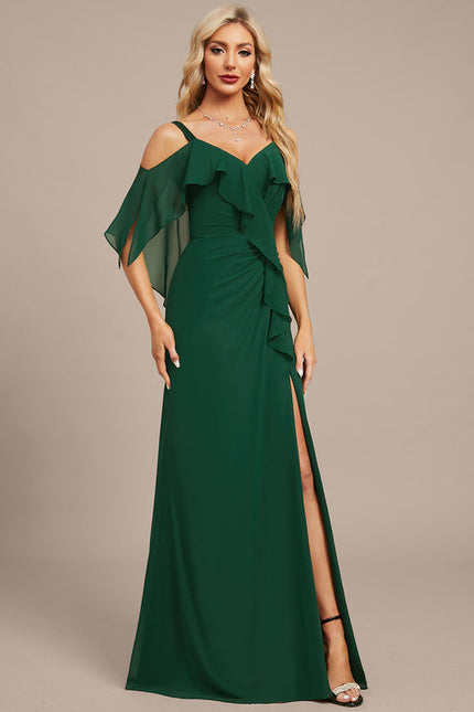 Robe Élégante À Volants Vert Foncé - gallery 5