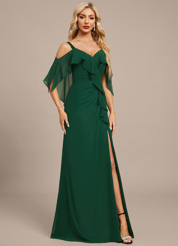 Robe Élégante À Volants Vert Foncé - gallery 5