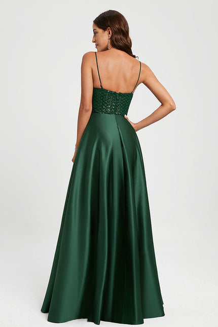 Robe Satinée Émeraude À Paillettes - gallery 2