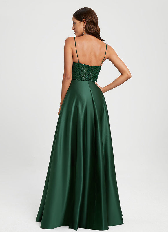 Robe Satinée Émeraude À Paillettes - gallery 2