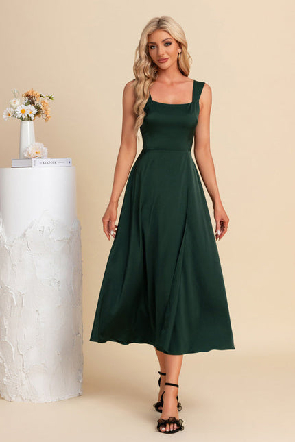 Robe Longue Verte Satinée Élégante - gallery 1