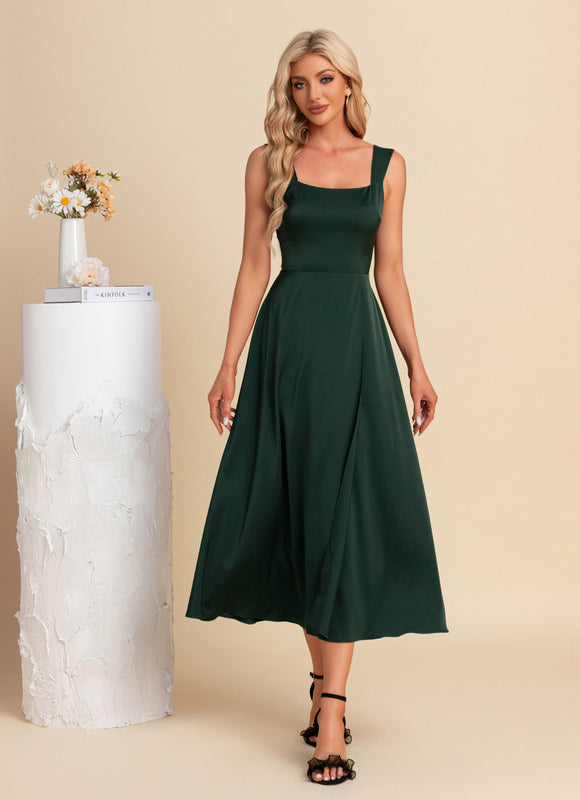 Robe Longue Verte Satinée Élégante - gallery 1