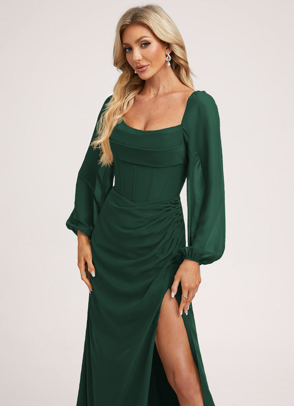 Robe Longue Verte Satinée Fendue - gallery 4