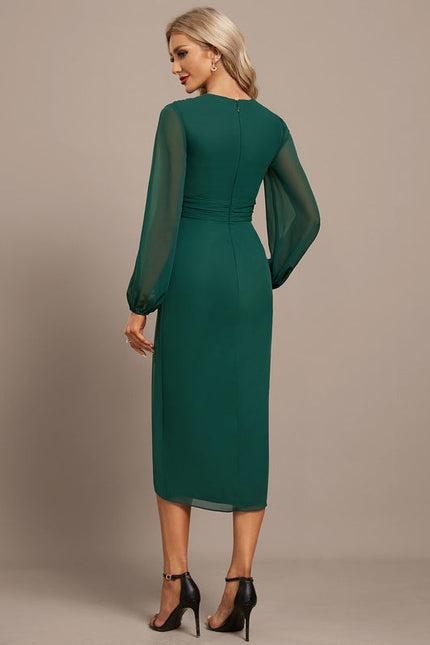 Robe Longue Verte Satinée À Manches Bouffantes - gallery 5