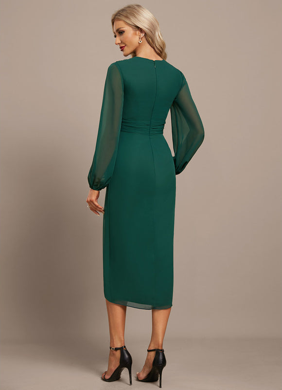 Robe Longue Verte Satinée À Manches Bouffantes - gallery 5