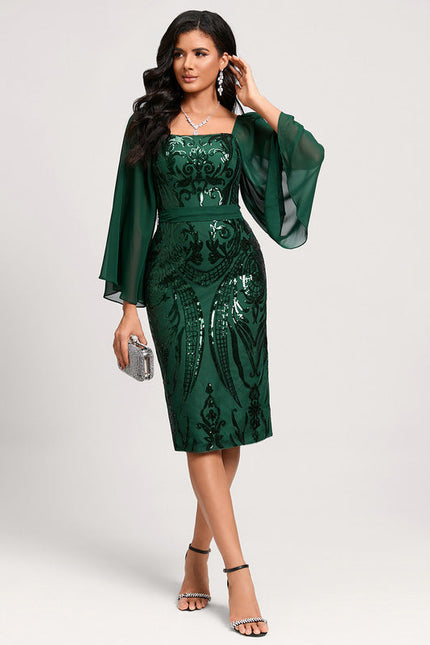 Robe Longue Verte Satinée À Manches Volantes