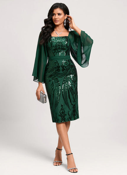 Robe Longue Verte Satinée À Manches Volantes
