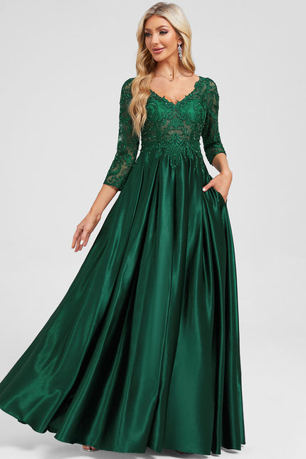 Robe Longue Verte Satinée À Manches - gallery 5