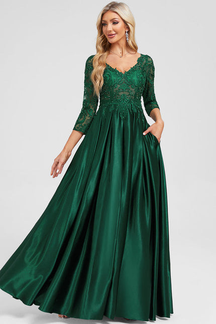 Robe Longue Verte Satinée À Manches - gallery 5
