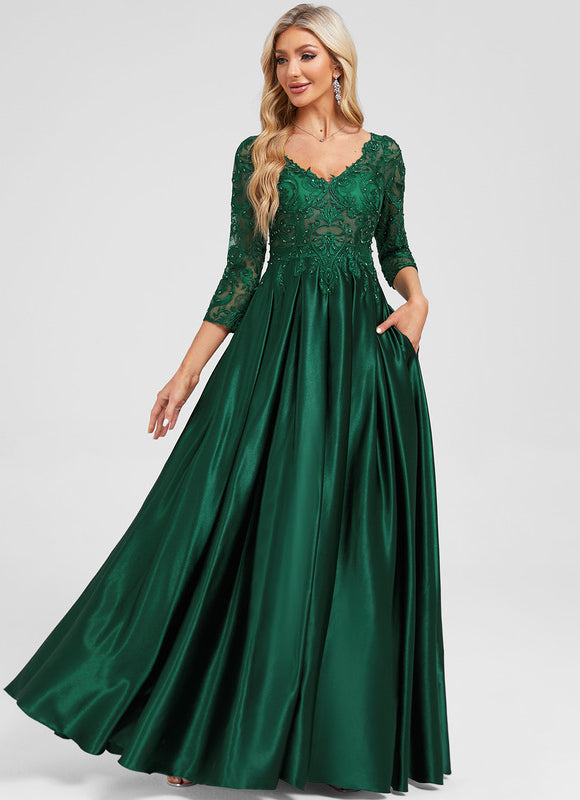 Robe Longue Verte Satinée À Manches - gallery 5