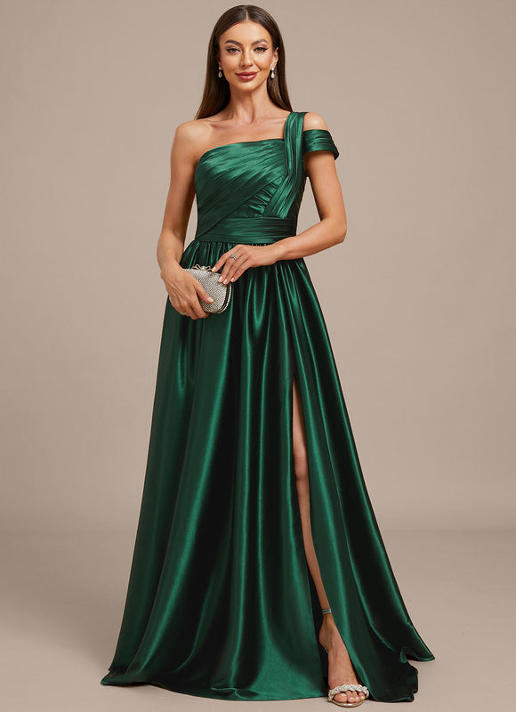 Robe Longue Satin Vert Émeraude À Fente - gallery 3