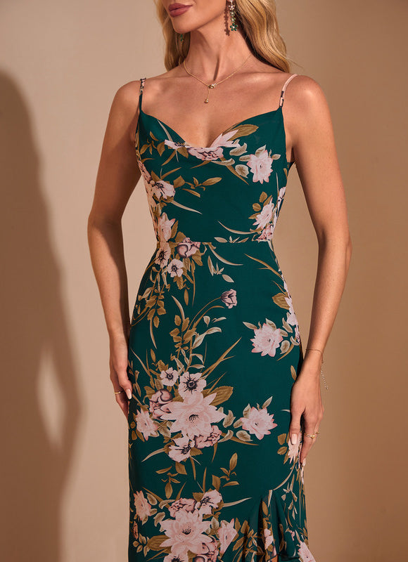 Robe Chic Florale Verte Élégante - gallery 2