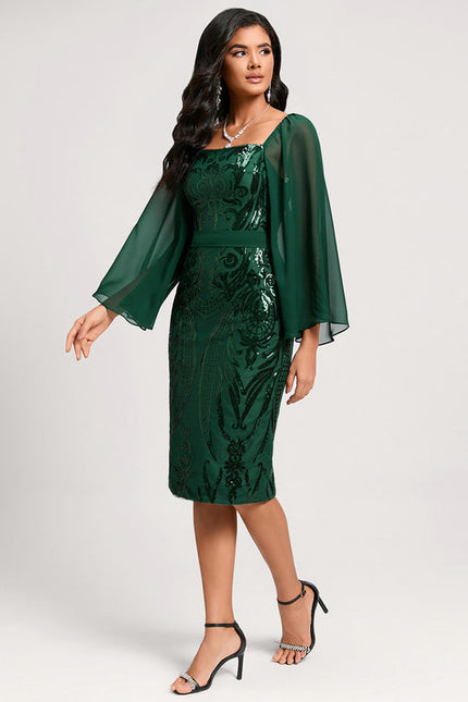 Robe Longue Verte Satinée À Manches Volantes - gallery 3