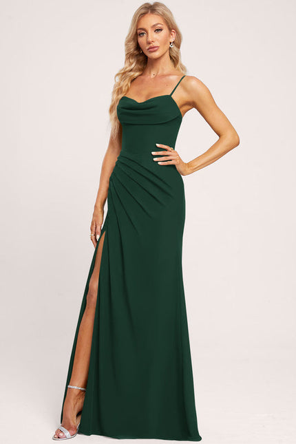 Robe Longue Verte Satinée À Fente - gallery 2