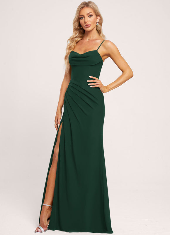 Robe Longue Verte Satinée À Fente - gallery 2