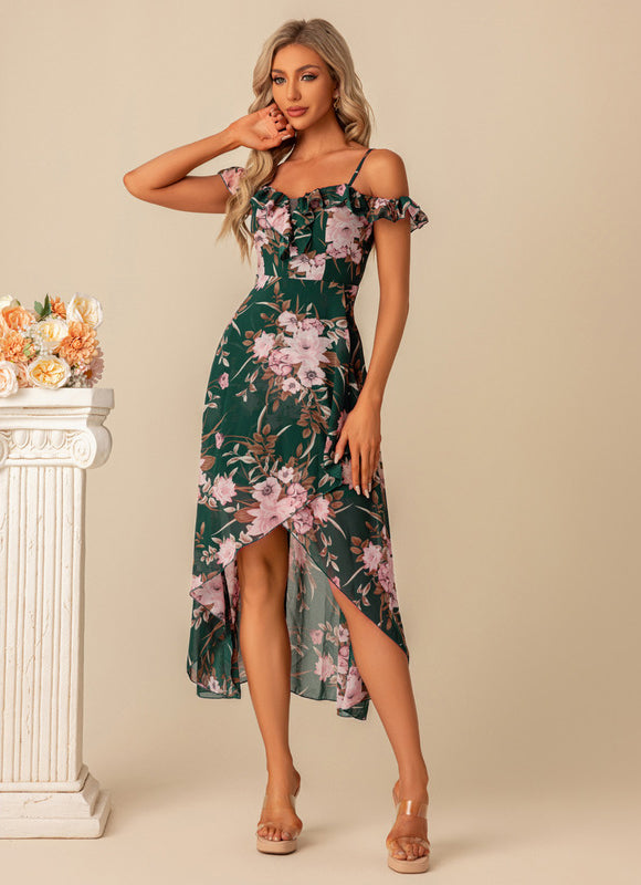 Robe Longue Verte À Fleurs Roses - gallery 3