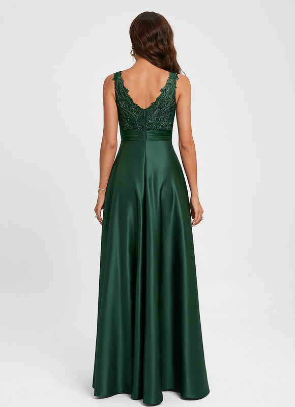 Robe Longue Verte Satinée À Broderies - gallery 3