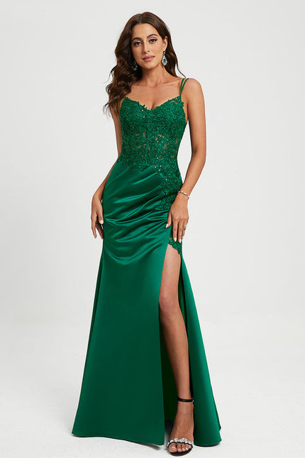 Robe Satinée Verte À Dentelle Chic