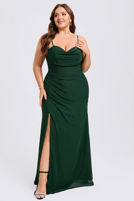Robe Longue Verte Satinée À Fente - gallery 7