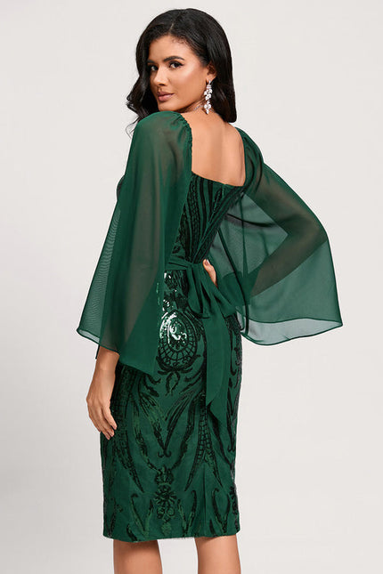 Robe Longue Verte Satinée À Manches Volantes - gallery 5