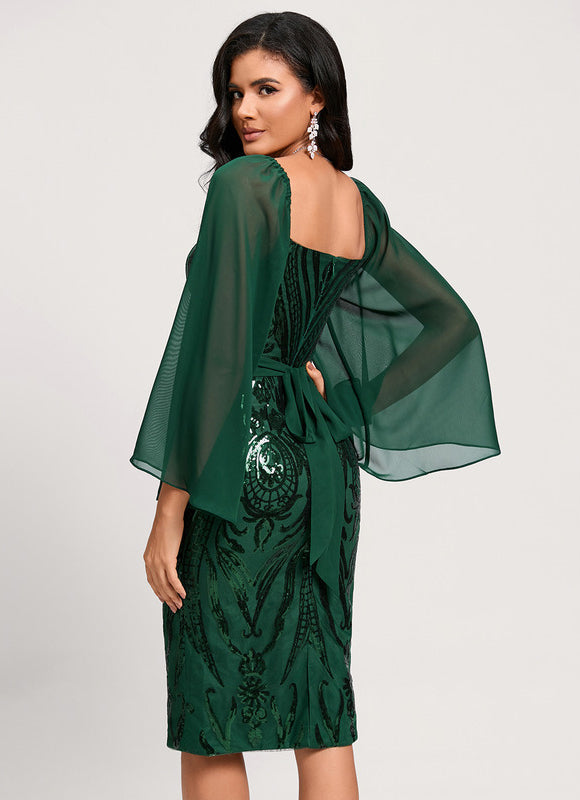 Robe Longue Verte Satinée À Manches Volantes - gallery 5
