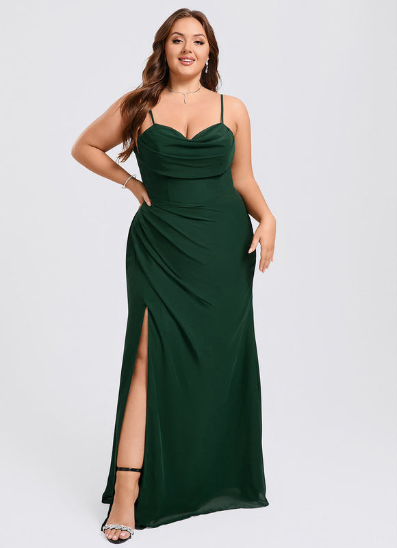 Robe Longue Verte Satinée À Fente - gallery 6