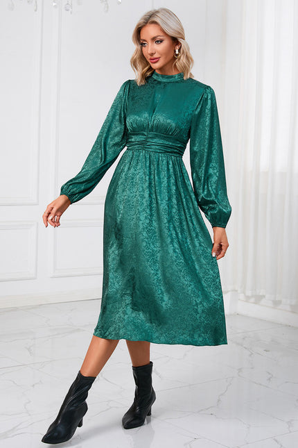 Robe Longue Verte Satinée À Col Montant - gallery 2