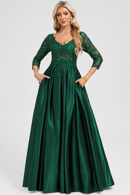 Robe Longue Verte Satinée À Manches