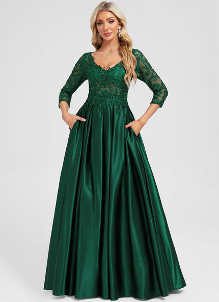 Robe Longue Verte Satinée À Manches