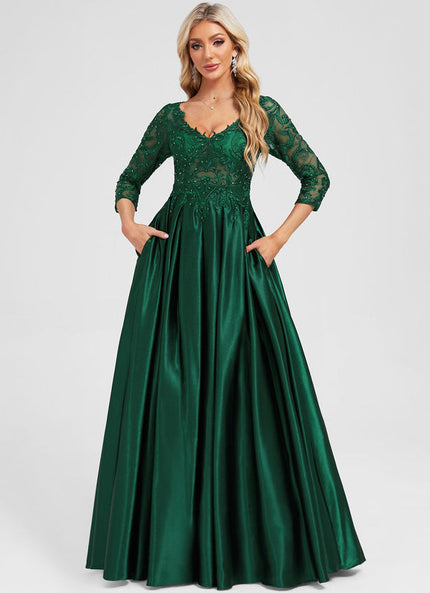 Robe Longue Verte Satinée À Manches