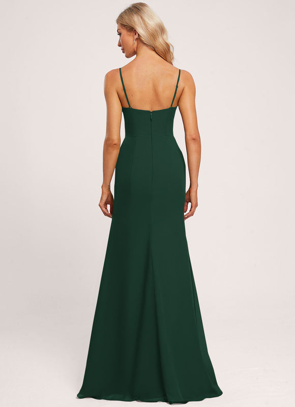 Robe Longue Verte Satinée À Fente - gallery 3