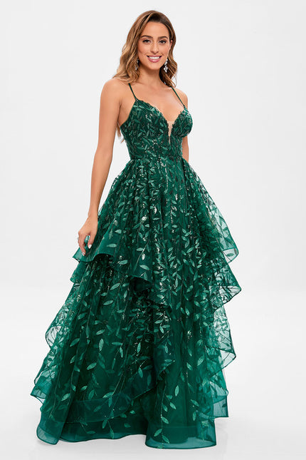 Robe Bal Verte À Volants Scintillants - gallery 6