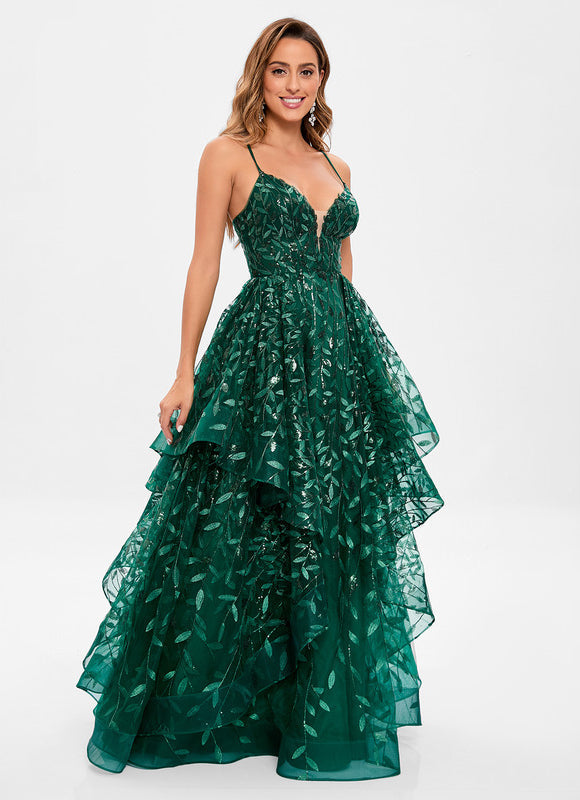 Robe Bal Verte À Volants Scintillants - gallery 6