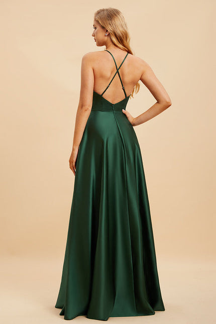 Robe Satinée Émeraude Fendue Élégante - gallery 1
