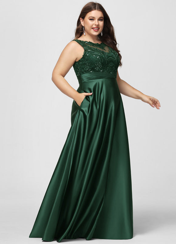 Robe Longue Verte Satinée À Broderies - gallery 8