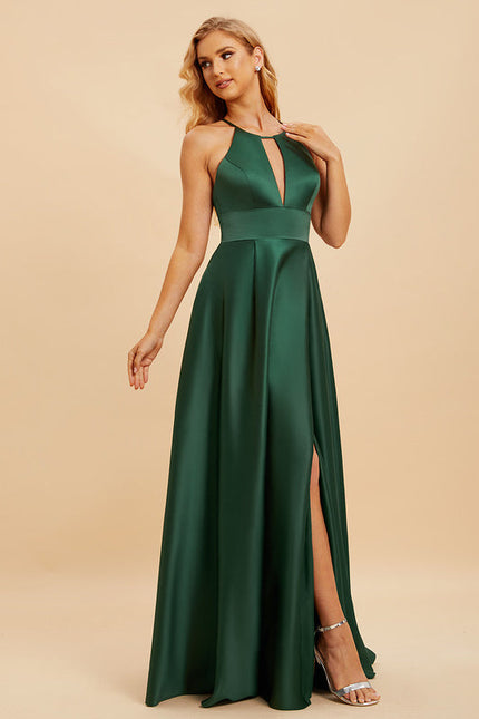 Robe Satinée Émeraude Fendue Élégante - gallery 2