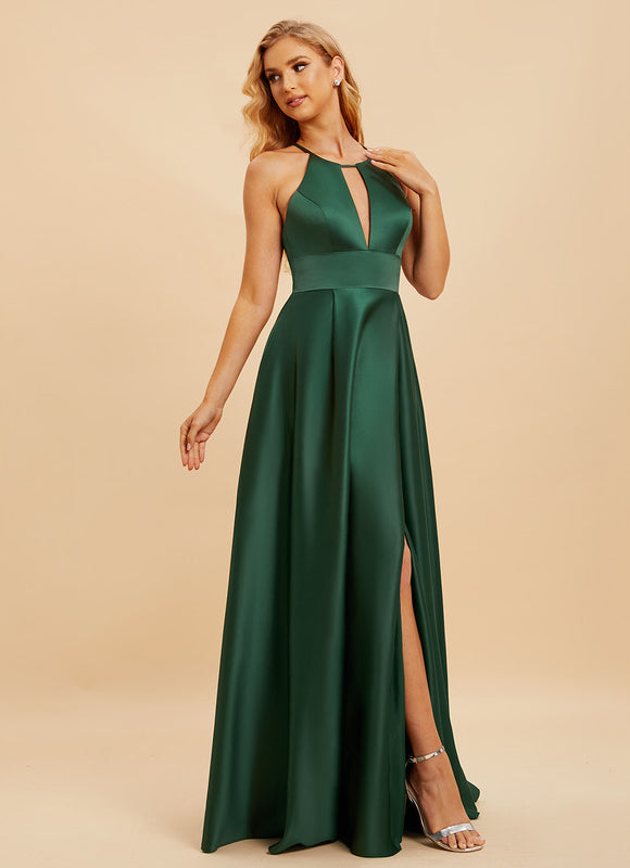 Robe Satinée Émeraude Fendue Élégante - gallery 2