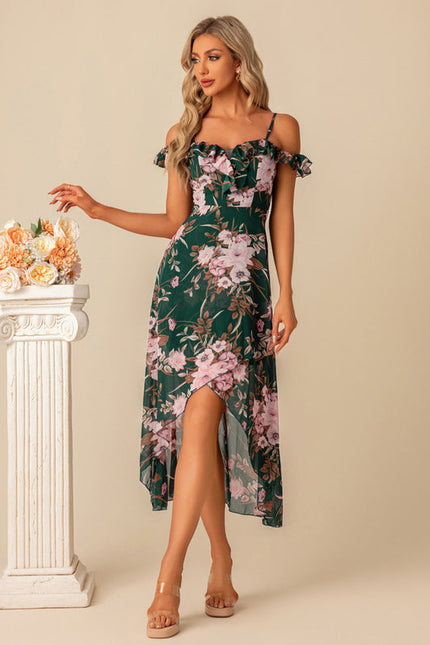 Robe Longue Verte À Fleurs Roses - gallery 1