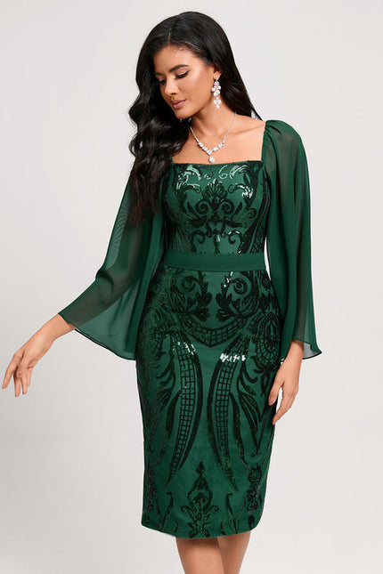 Robe Longue Verte Satinée À Manches Volantes - gallery 4