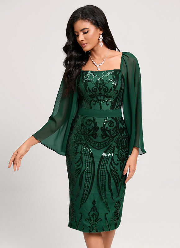 Robe Longue Verte Satinée À Manches Volantes - gallery 4