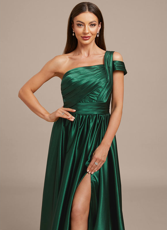 Robe Longue Satin Vert Émeraude À Fente - gallery 1