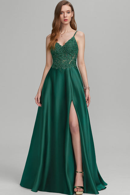Robe Satinée Émeraude Fendue Élégante