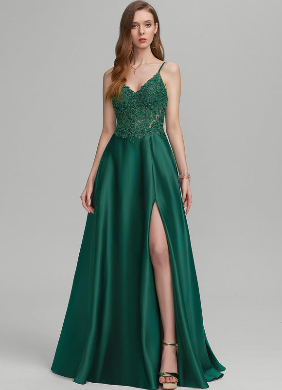 Robe Satinée Émeraude Fendue Élégante