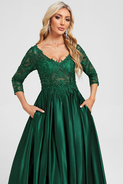 Robe Longue Verte Satinée À Manches - gallery 1