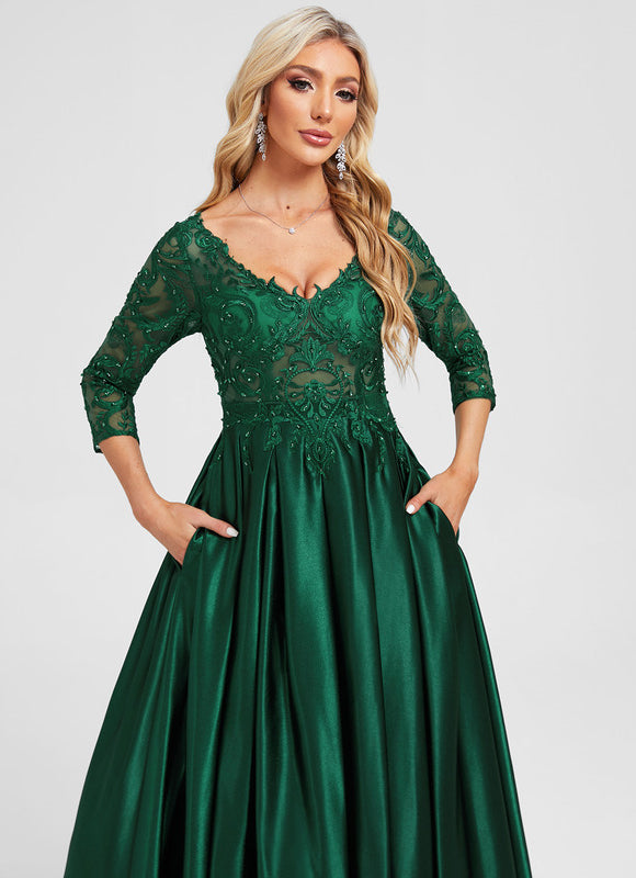 Robe Longue Verte Satinée À Manches - gallery 1